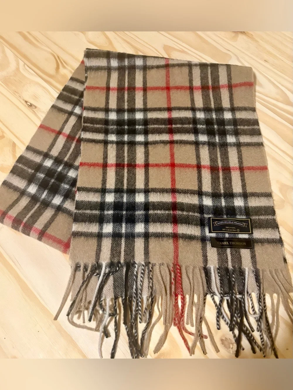 Camel Thomson Beige Plaid Wool-Blend Scarf with Fringe